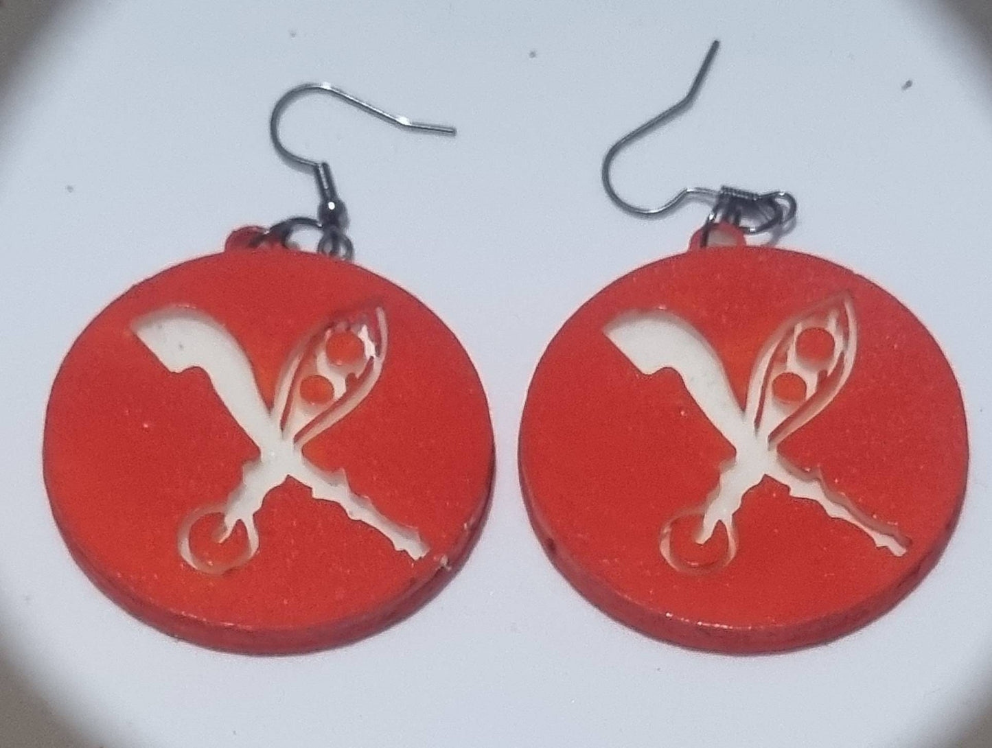 Ada and Eben, Edo symbol earrings, 3d printed African jewellery, red and white nigerian symbol, african tribal history, african queen dress