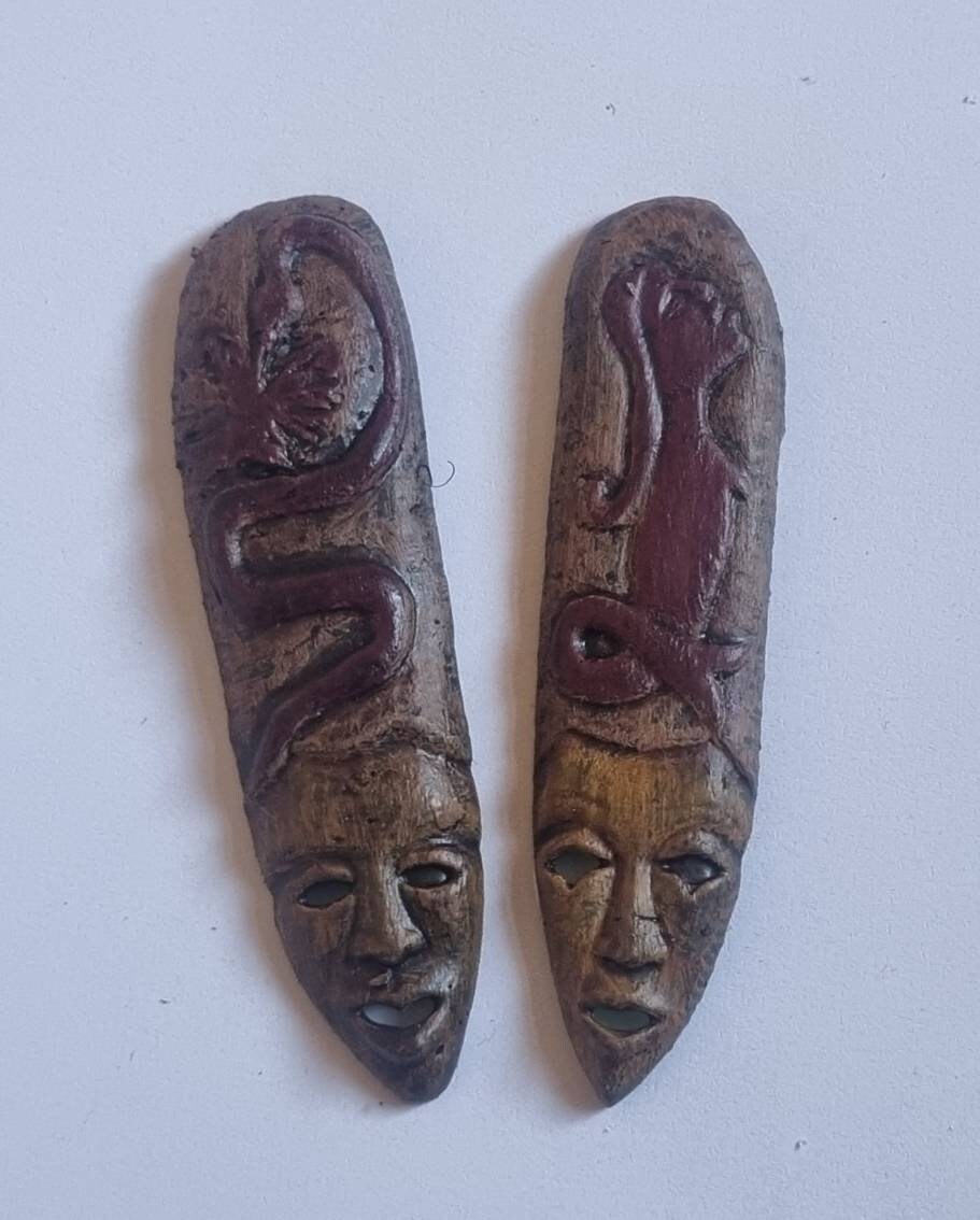 Comedy and Tragedy,african mask fridge magnets 3d printed, African art and culture, ethnic art gift idea, carved faces,african entertainment