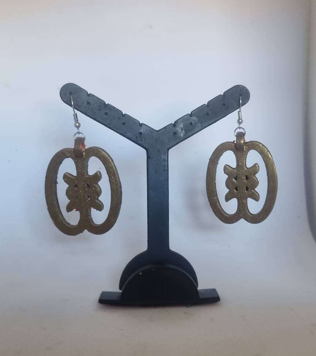 Ghanaian Adinkra Akwaaba symbol earrings, 3d printed tribal style, african goodluck charm, ethnic womens jewelry, black womans beauty, akan