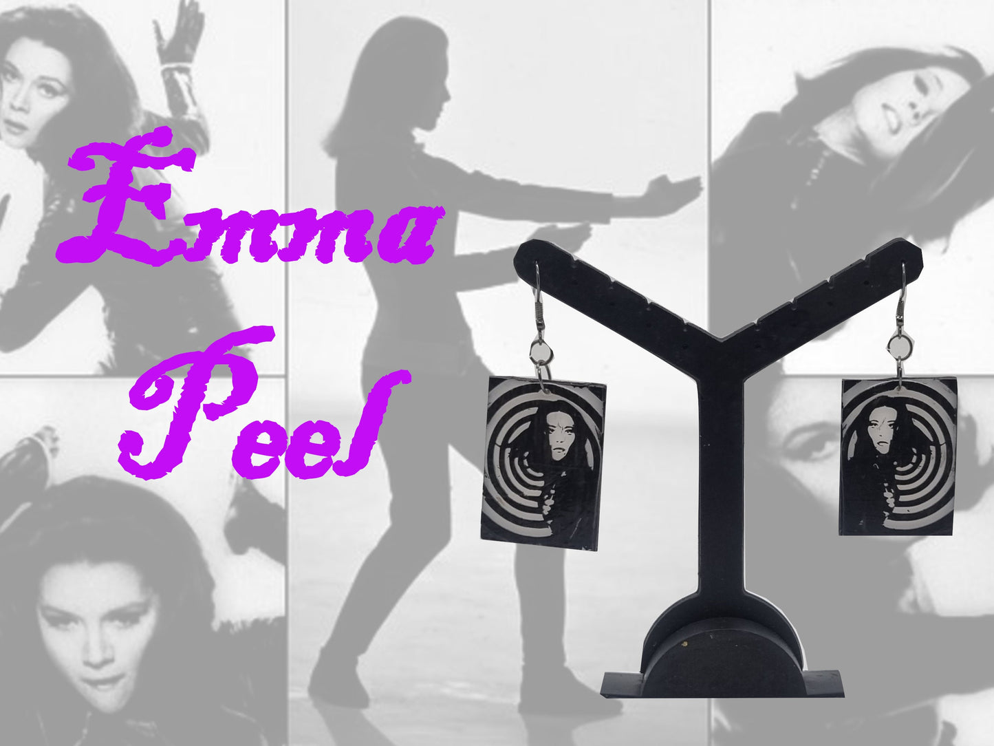 Diana Rigg as Emma Peel, pop art earrings, 60's British tv, 3d printed  resin jewellery, sixties female power icon, cosplay dress jewellery