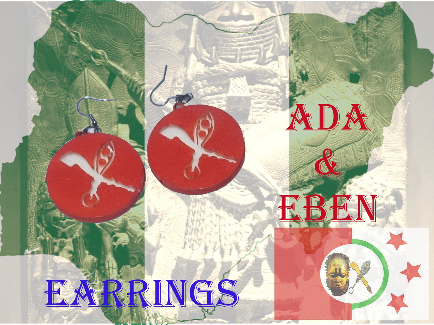 Ada and Eben, Edo symbol earrings, 3d printed African jewellery, red and white nigerian symbol, african tribal history, african queen dress