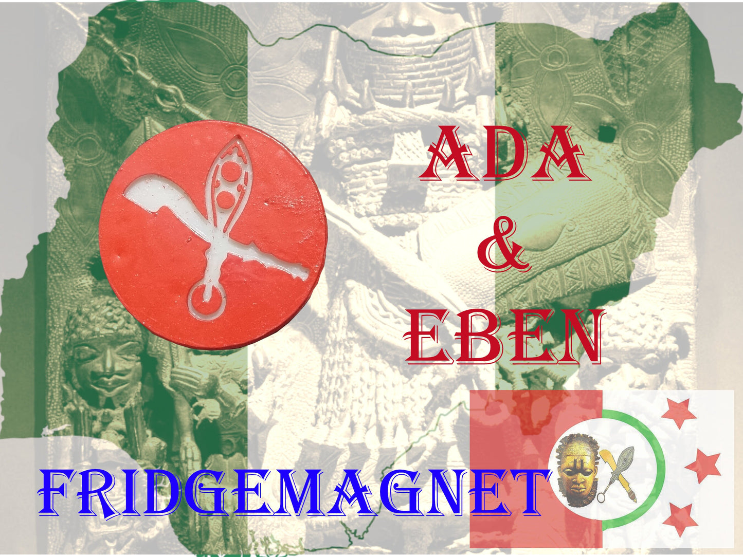 Ada and Eben, Edo symbol fridge magnet. African art and culture, edo benin bronze, tribal religious art, tribal gift idea, red and white