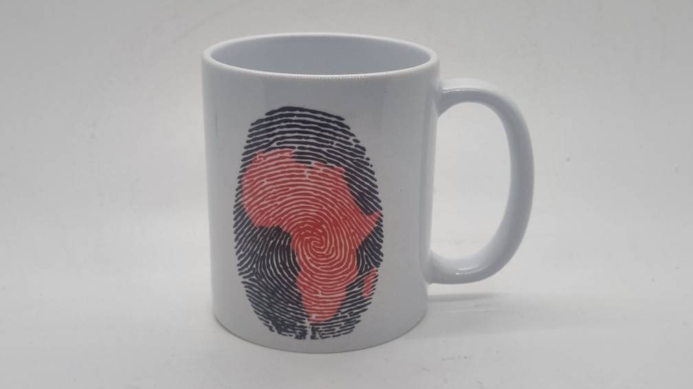 Africa fingerprint 11oz ceramic mug  African art cup, coffee lover gift idea, love africa print, red and black, tribal culture, african map