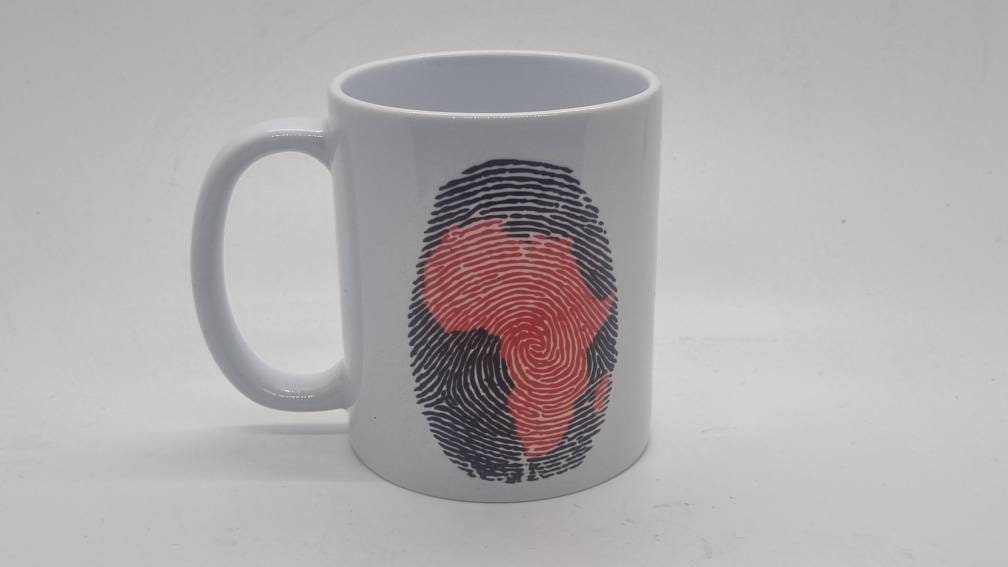 Africa fingerprint 11oz ceramic mug  African art cup, coffee lover gift idea, love africa print, red and black, tribal culture, african map