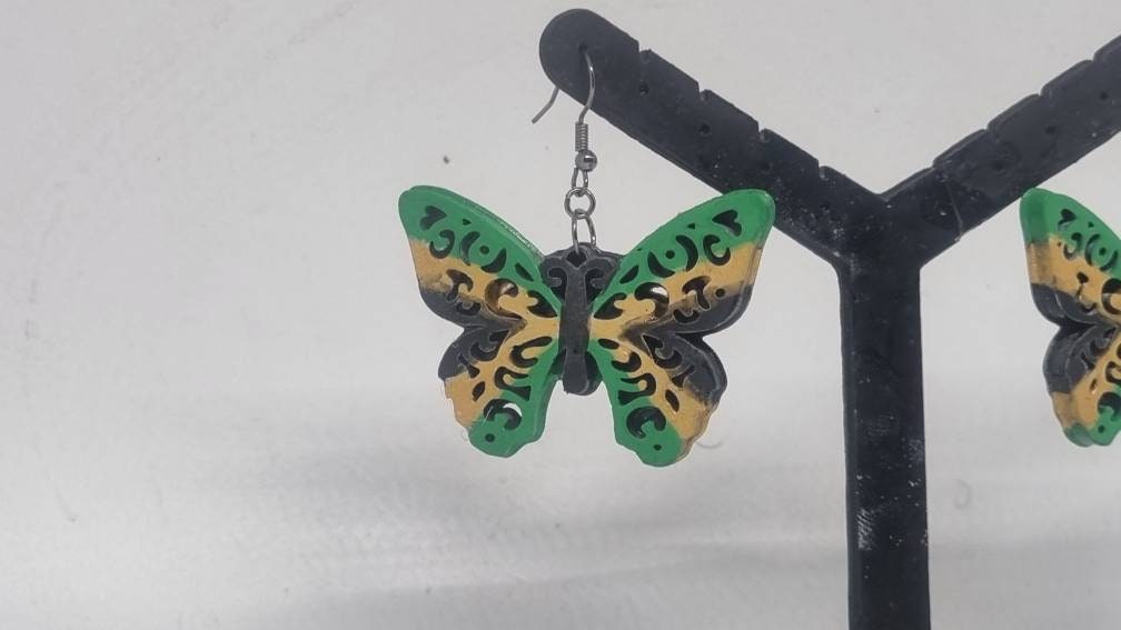 Jamaican flag butterfly earrings, 3d printed jewellery,National pride jamaica, cute animal gift idea, tropical carribean style, butterflies.