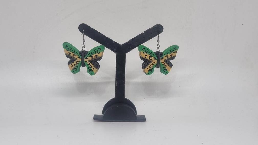 Jamaican flag butterfly earrings, 3d printed jewellery,National pride jamaica, cute animal gift idea, tropical carribean style, butterflies.