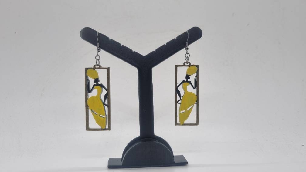 Framed african lady, full length dress earrings, 3d printed african art,tribal women dancing,love africa earrings, black women and girls,