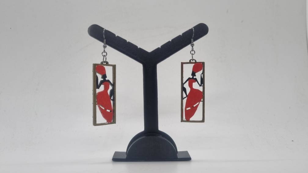 Framed african lady, full length dress earrings, 3d printed african art,tribal women dancing,love africa earrings, black women and girls,