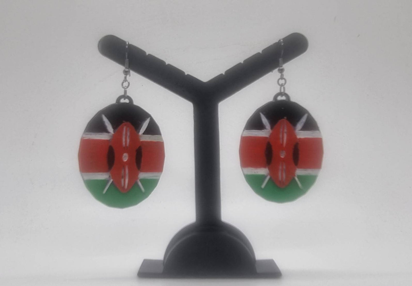 Kenyan flag earrings.3d printed African art,spear and shield,National pride Kenya, african flag earrings, african queen dress, tribal gift