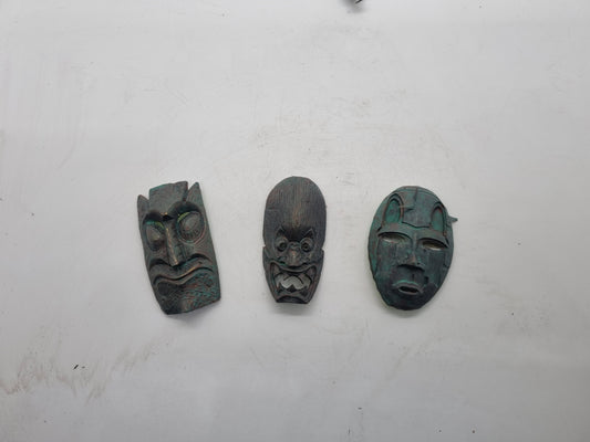 3 x african mask fridge magnets. 3d printed African art and culture, tribal mask decoration, faux wood carving, patina bronze face mask