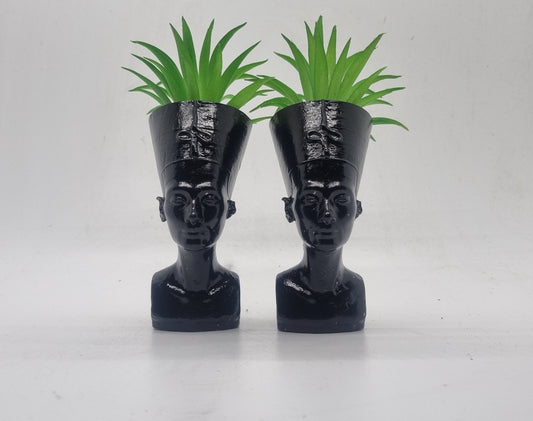 Black coloured Pair of Queen Nefertiti planters,Egyptian art and culture, mask, sculpture,ancient Egypt gift idea, egyptian plant pot