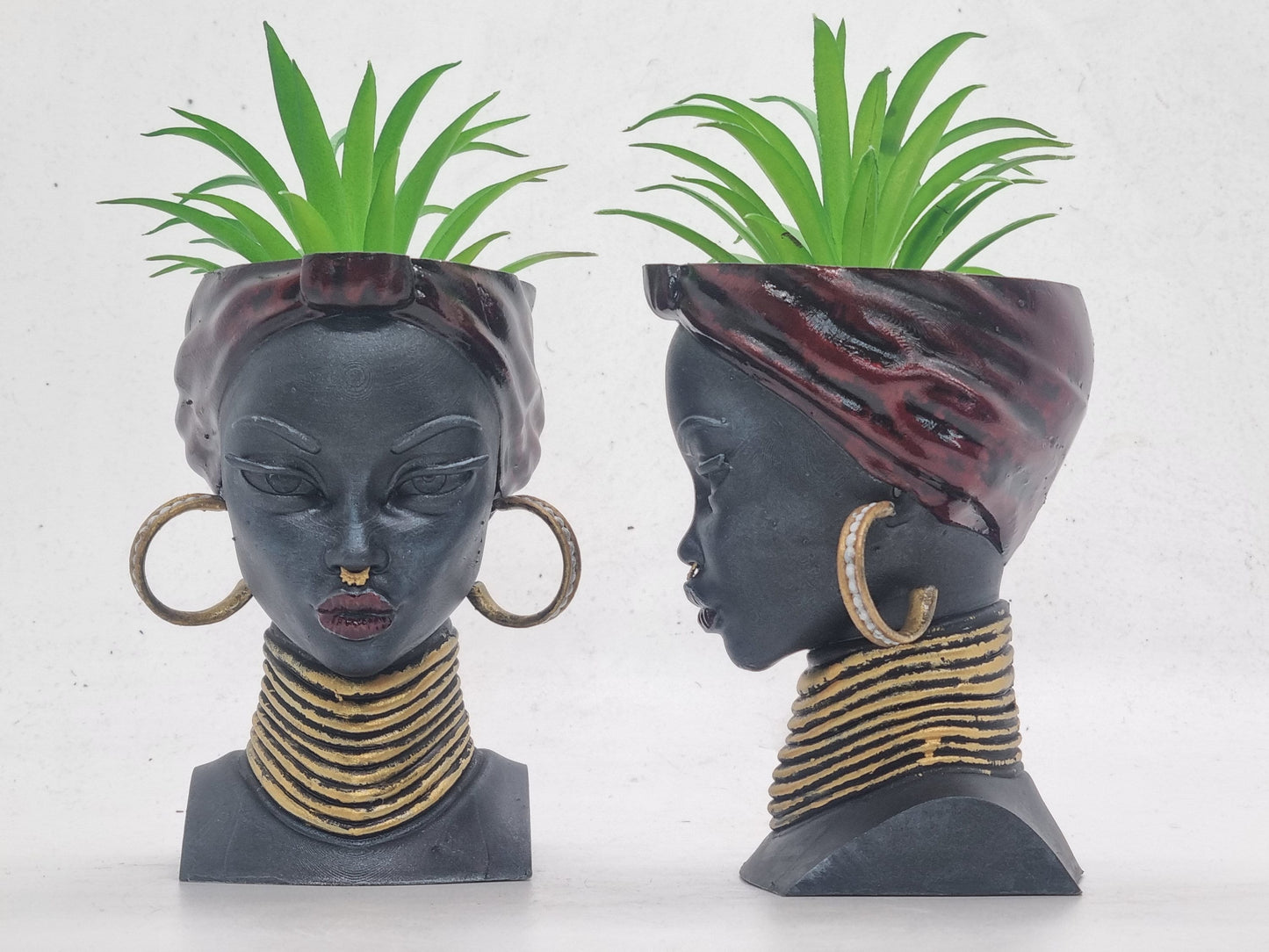 Black and red African lady planters, Handpainted black woman bust, ethnic plant pot, afro headwrap, Love Africa vase, African queen statue.