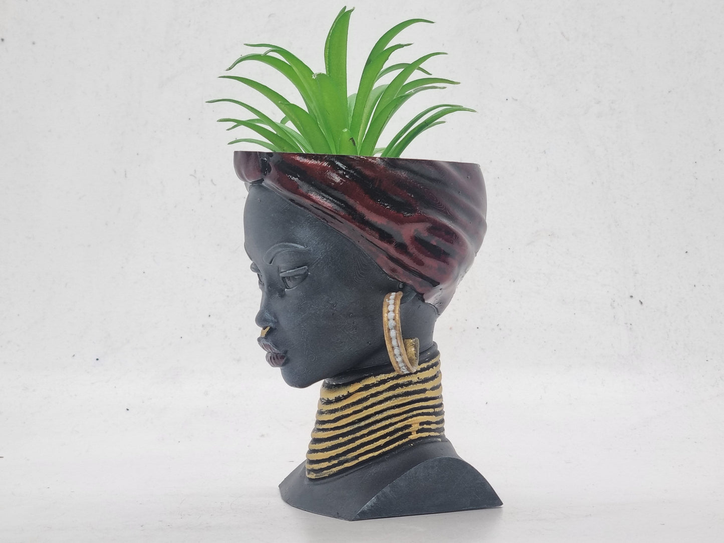 Black and red African lady planters, Handpainted black woman bust, ethnic plant pot, afro headwrap, Love Africa vase, African queen statue.