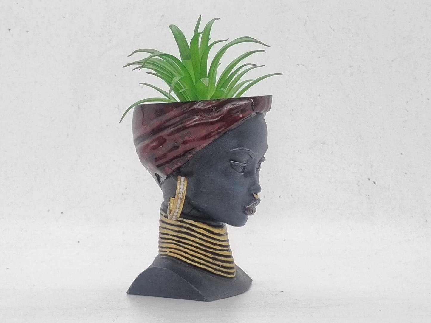 Black and red African lady planters, Handpainted black woman bust, ethnic plant pot, afro headwrap, Love Africa vase, African queen statue.