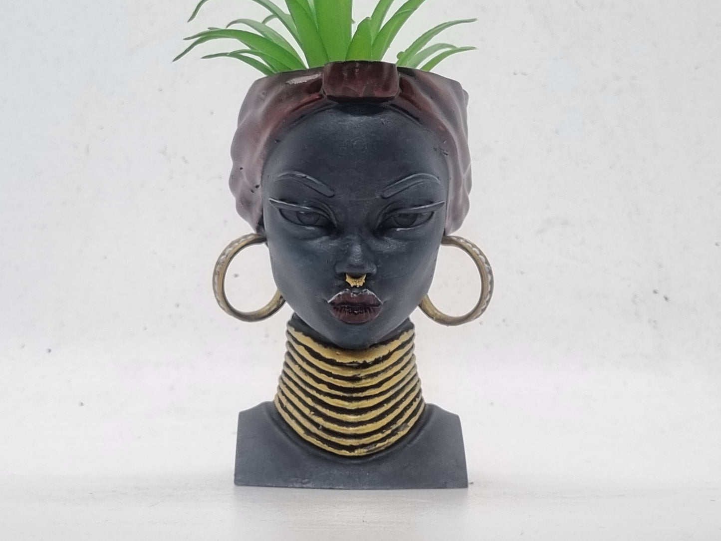 Black and red African lady planters, Handpainted black woman bust, ethnic plant pot, afro headwrap, Love Africa vase, African queen statue.