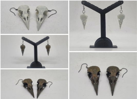 crow skull earrings, 3d printed cosplay accessory, horror fancy dress, Creepy gothic jewellery, bird head skeleton, Halloween witch costume.