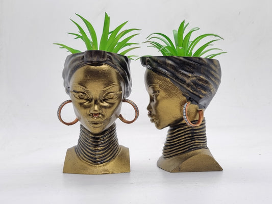 Bronze colour African lady planters, Handpainted black woman bust, ethnic plant pot, afro headwrap, Love Africa vase, African queen statue.