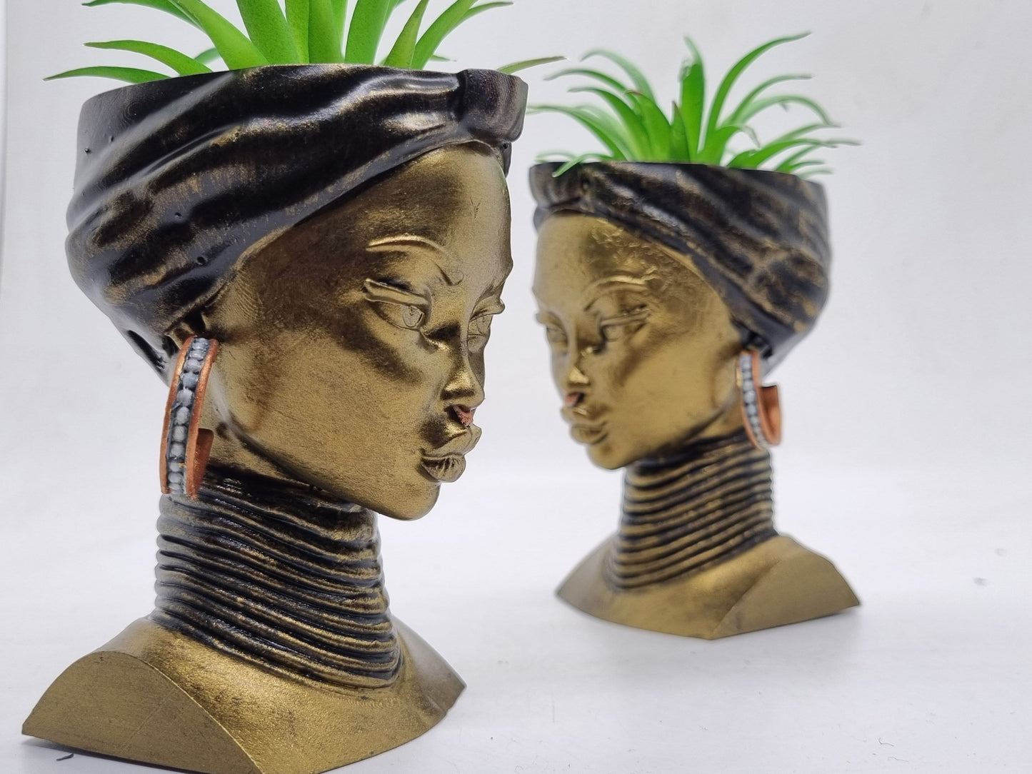 Bronze colour African lady planters, Handpainted black woman bust, ethnic plant pot, afro headwrap, Love Africa vase, African queen statue.