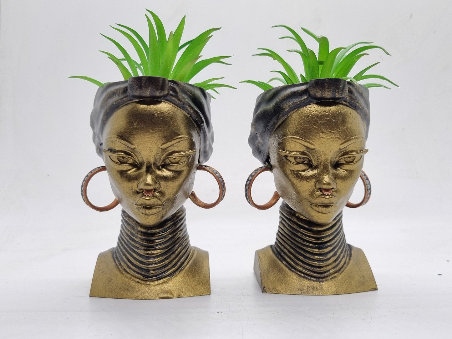 Bronze colour African lady planters, Handpainted black woman bust, ethnic plant pot, afro headwrap, Love Africa vase, African queen statue.