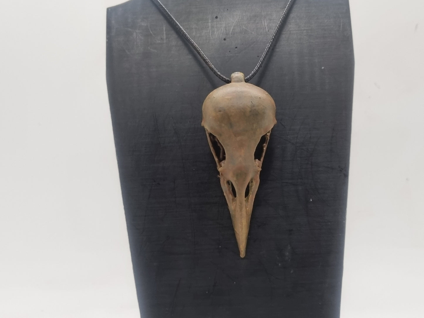 Aged bone Crow skull pendant,cosplay accessory, horror fancy dress, gothic jewellery,, Halloween witch costume. Creepy bird resin necklace