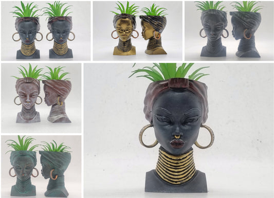 3d printed African lady planters, 4" Handpainted black woman bust, ethnic plant pot, afro headwrap, Love Africa vase, African queen statue.