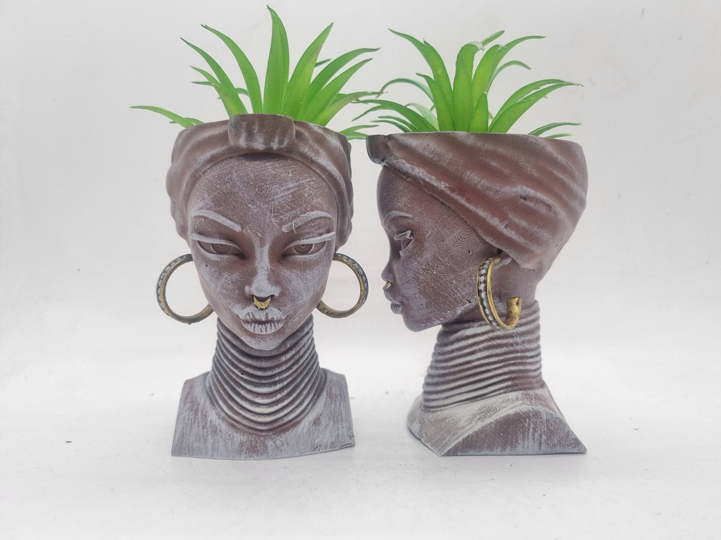 3d printed African lady planters, 4" Handpainted black woman bust, ethnic plant pot, afro headwrap, Love Africa vase, African queen statue.