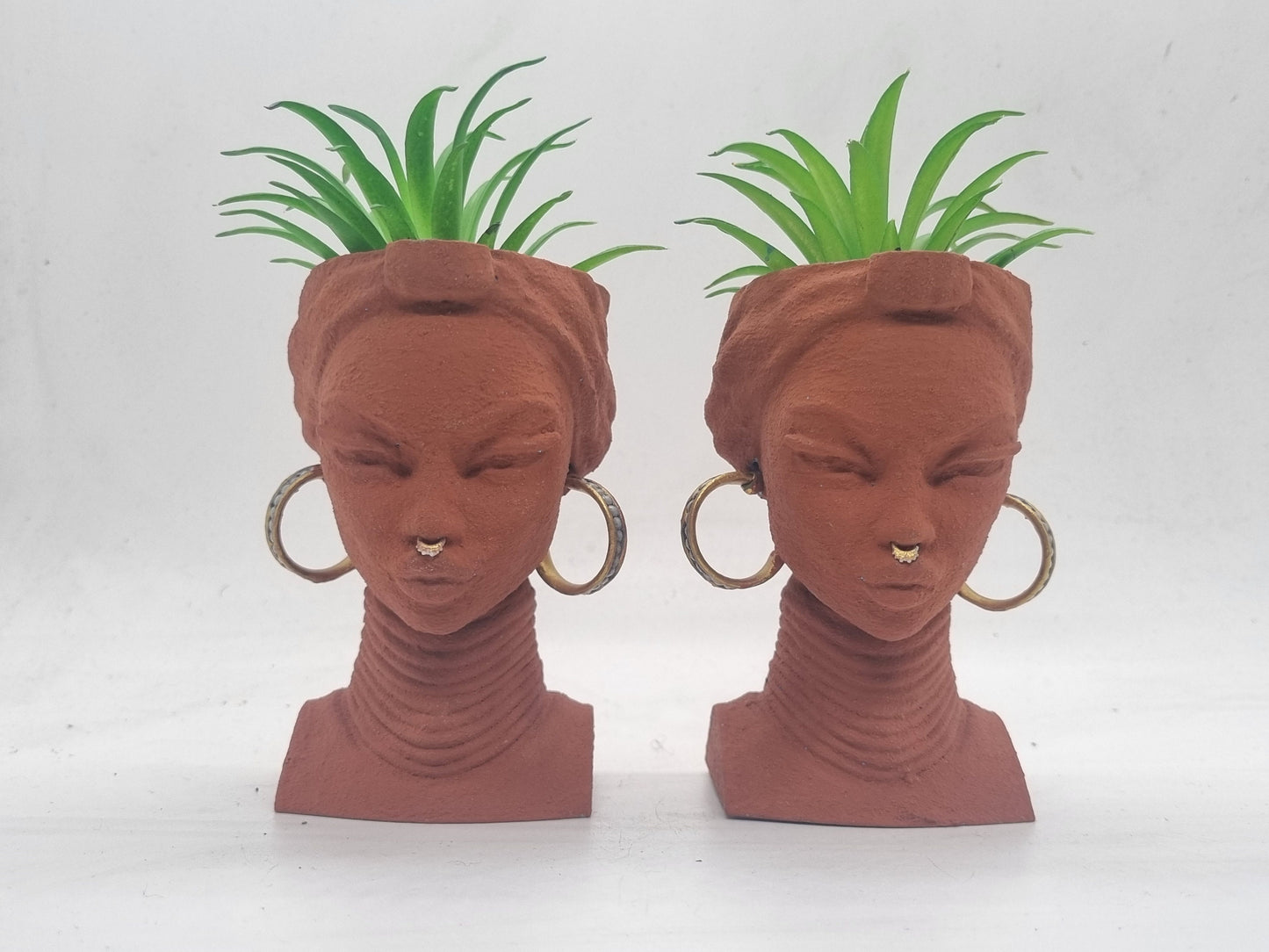 4" Brown terracotta effect African lady planters, Handpainted black woman bust,ethnic plant pot,afro headwrap,Africa vase, Faux earthenware.