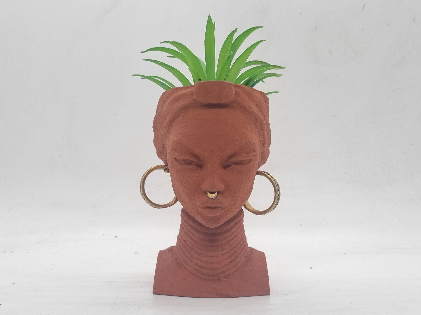 4" Brown terracotta effect African lady planters, Handpainted black woman bust,ethnic plant pot,afro headwrap,Africa vase, Faux earthenware.