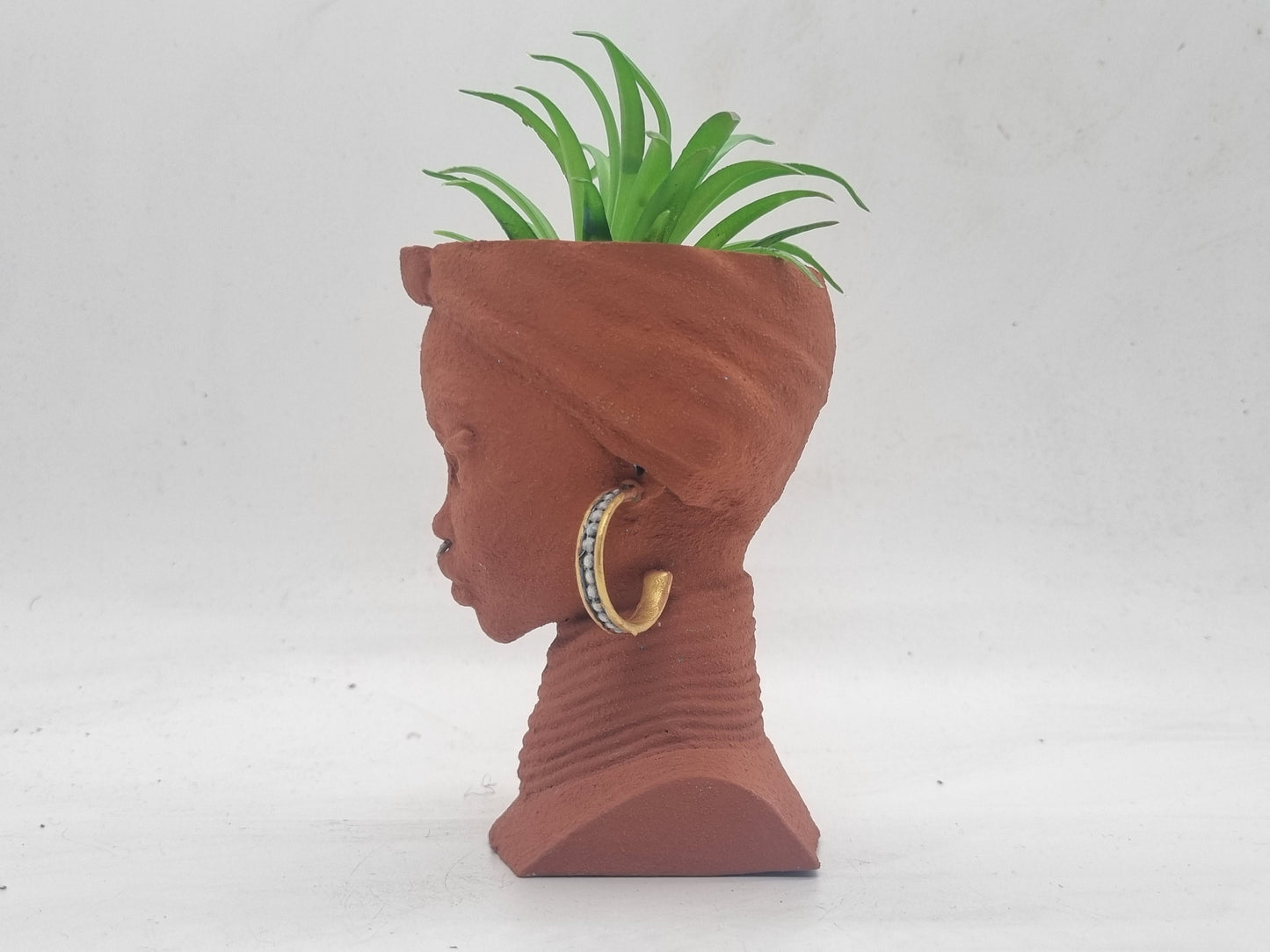 4" Brown terracotta effect African lady planters, Handpainted black woman bust,ethnic plant pot,afro headwrap,Africa vase, Faux earthenware.