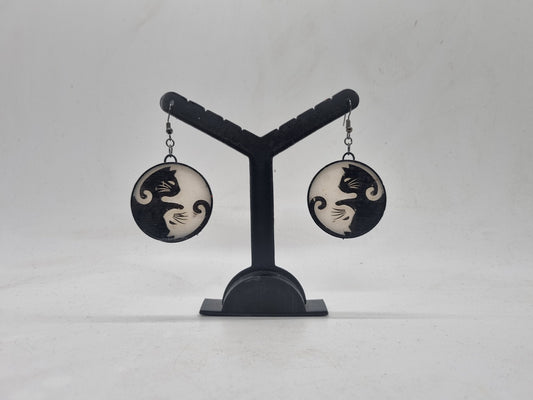 3d printed Chinese symbol earrings, spiritual gift idea, cute kitten jewellery, animal lover art, black and white feline, love kitty kats