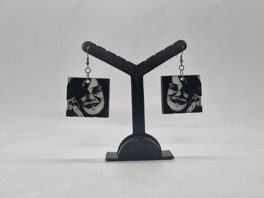 Janis Joplin pop art earrings, 3d printed music icon, sixties music star, 1960's gift idea, 60's sining artist, black and white silhouette