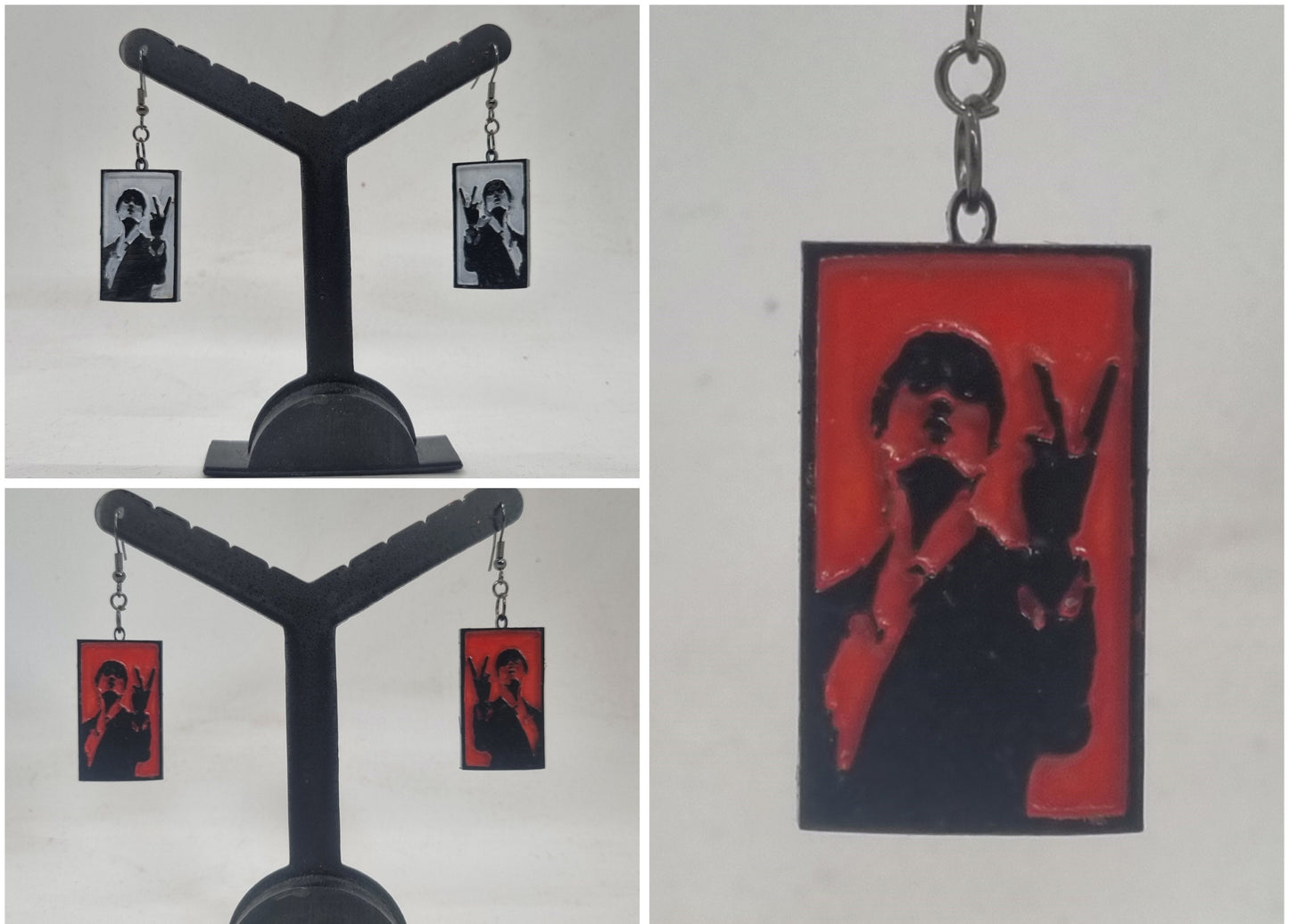 Black and red Jarvis cocker pop art earrings.  British music culture, pop icon poster,uk band poster, britpop gift idea, two fingers up