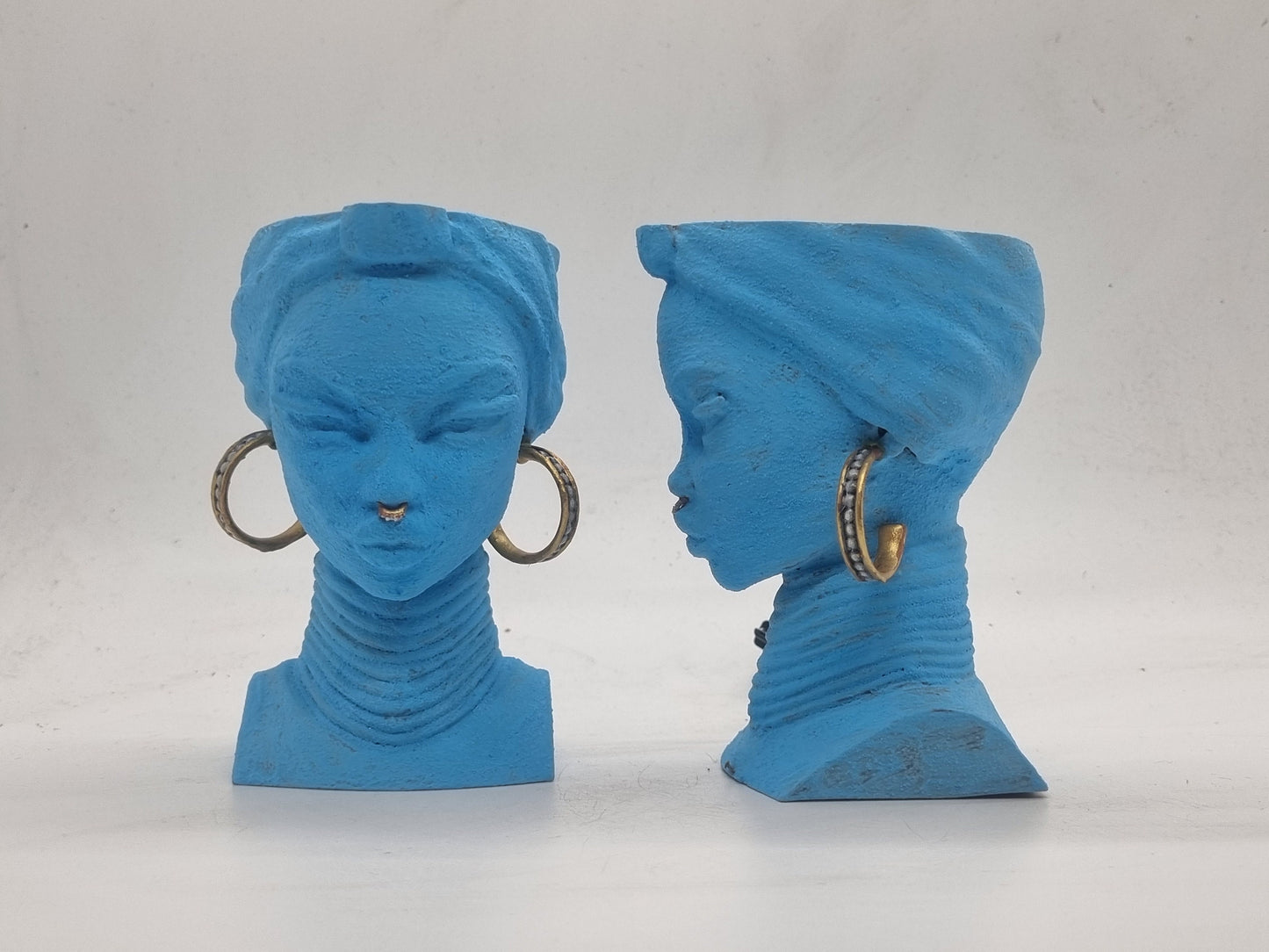 4" Blue terracotta effect African lady planters, Handpainted black woman bust,ethnic plant pot,afro headwrap,Africa vase, Faux earthenware.