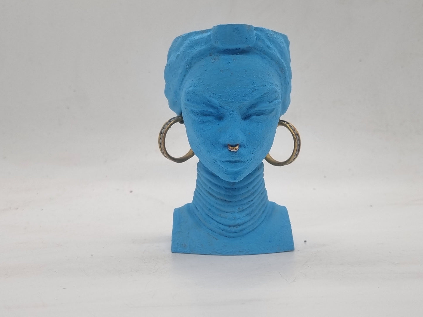 4" Blue terracotta effect African lady planters, Handpainted black woman bust,ethnic plant pot,afro headwrap,Africa vase, Faux earthenware.