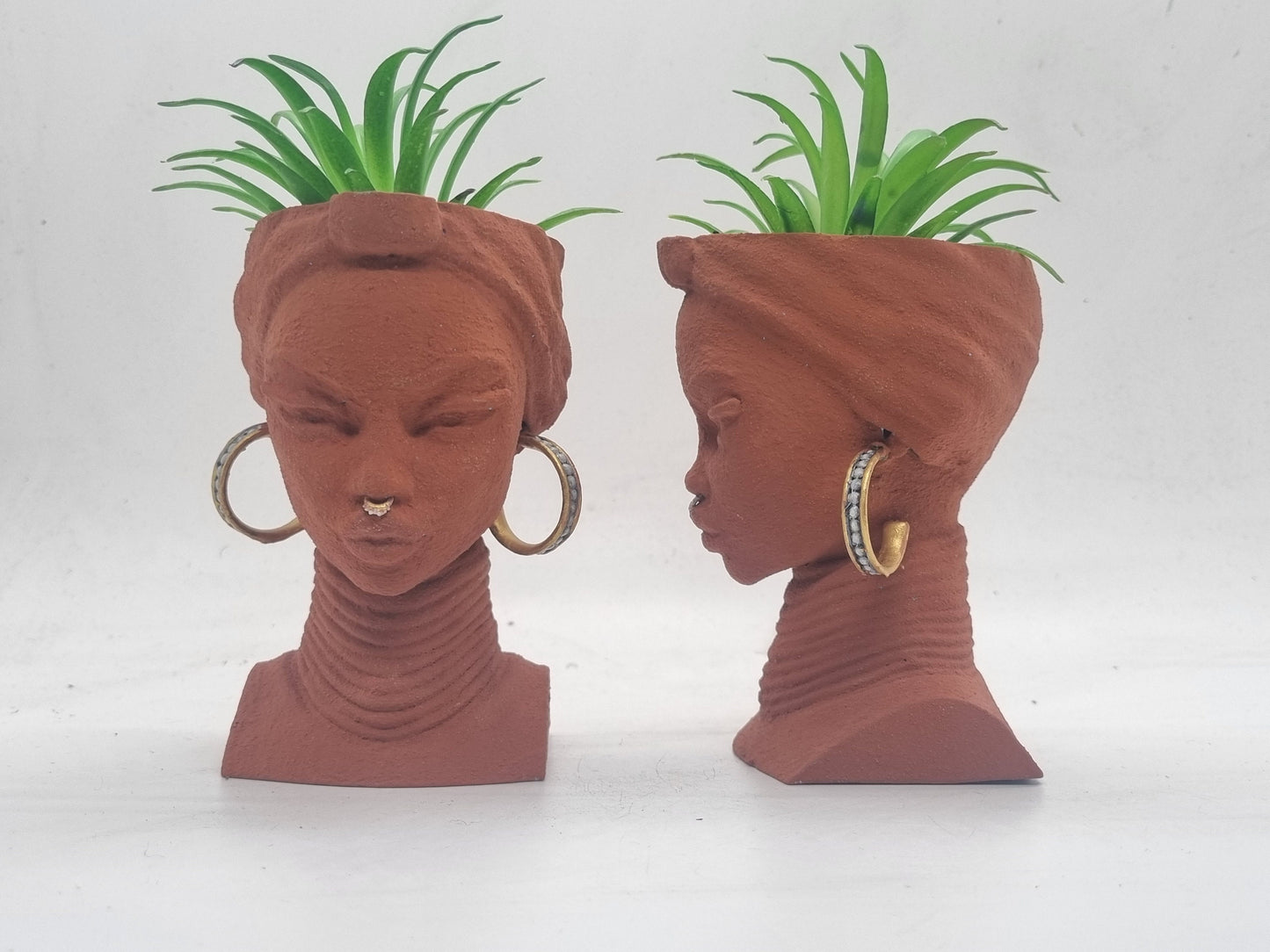 4" Brown terracotta effect African lady planters, Handpainted black woman bust,ethnic plant pot,afro headwrap,Africa vase, Faux earthenware.