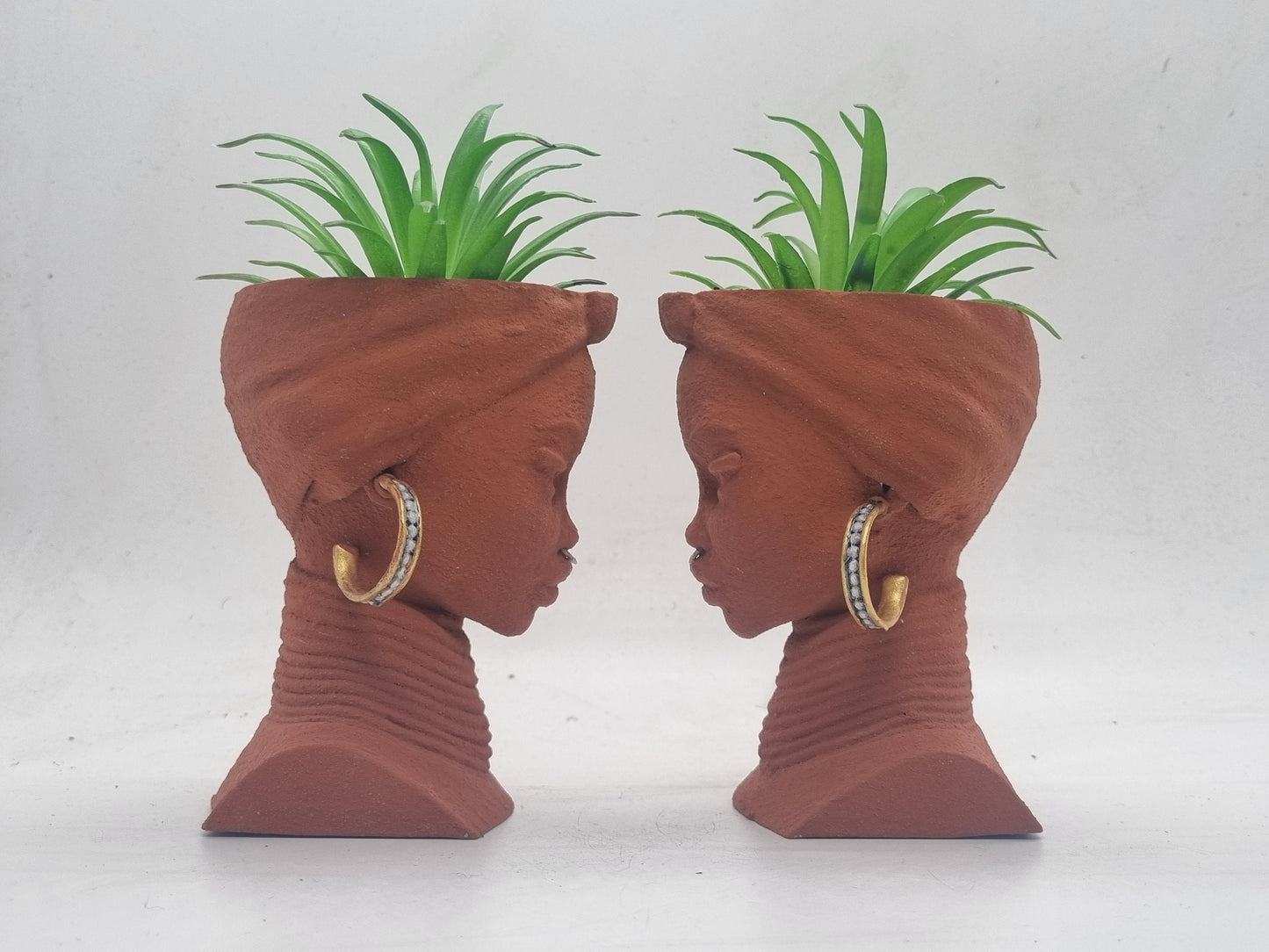 4" Brown terracotta effect African lady planters, Handpainted black woman bust,ethnic plant pot,afro headwrap,Africa vase, Faux earthenware.