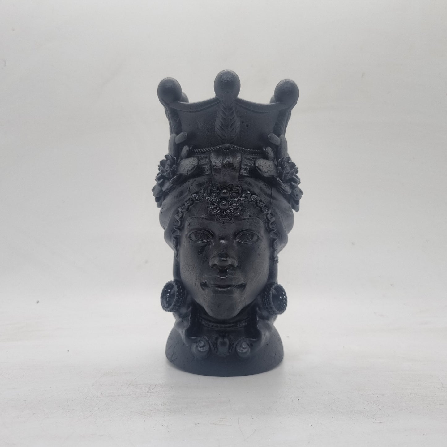 Black Moorish lady head. 3d printed Sicillian sculpture. Testa di Moro. African woman with headdress,  art and culture. Female head bust