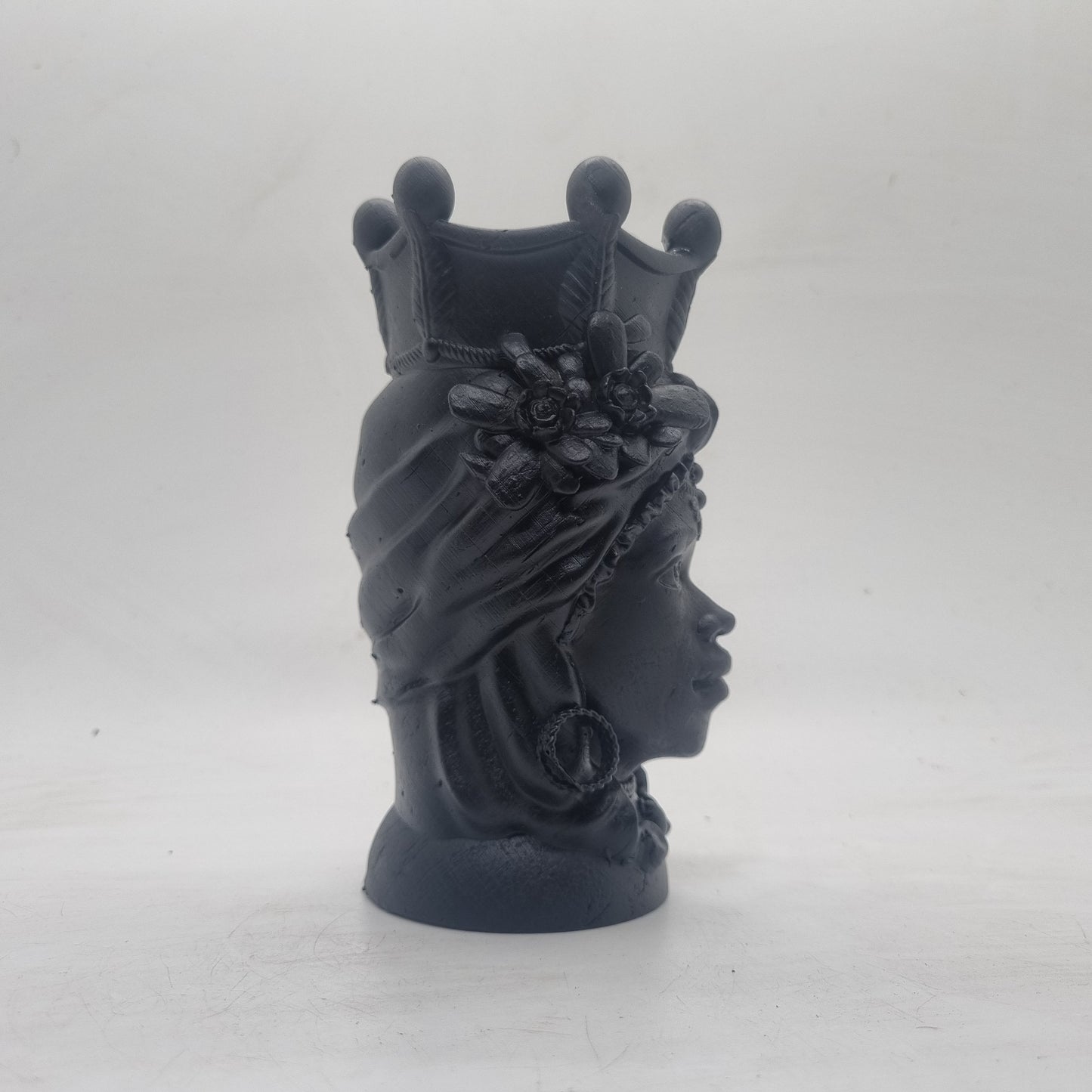 Black Moorish lady head. 3d printed Sicillian sculpture. Testa di Moro. African woman with headdress,  art and culture. Female head bust