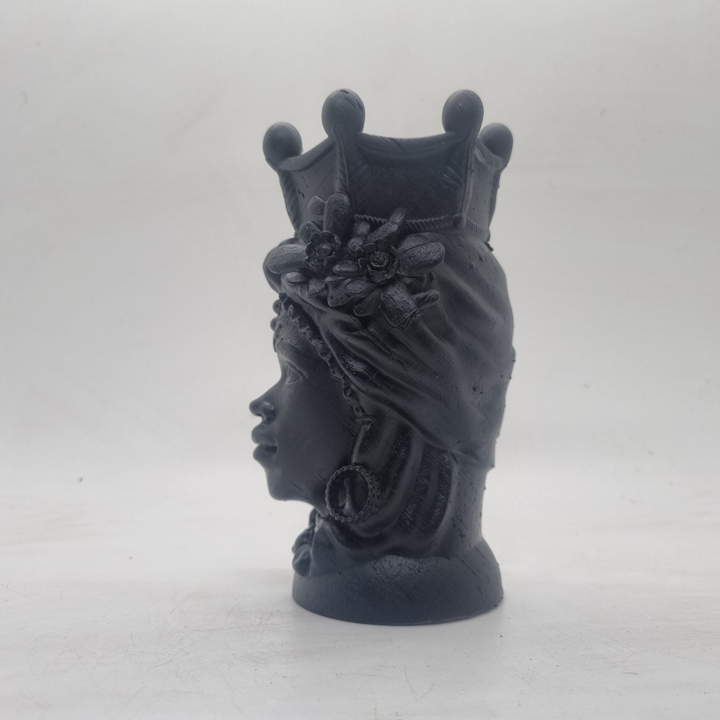 Black Moorish lady head. 3d printed Sicillian sculpture. Testa di Moro. African woman with headdress,  art and culture. Female head bust