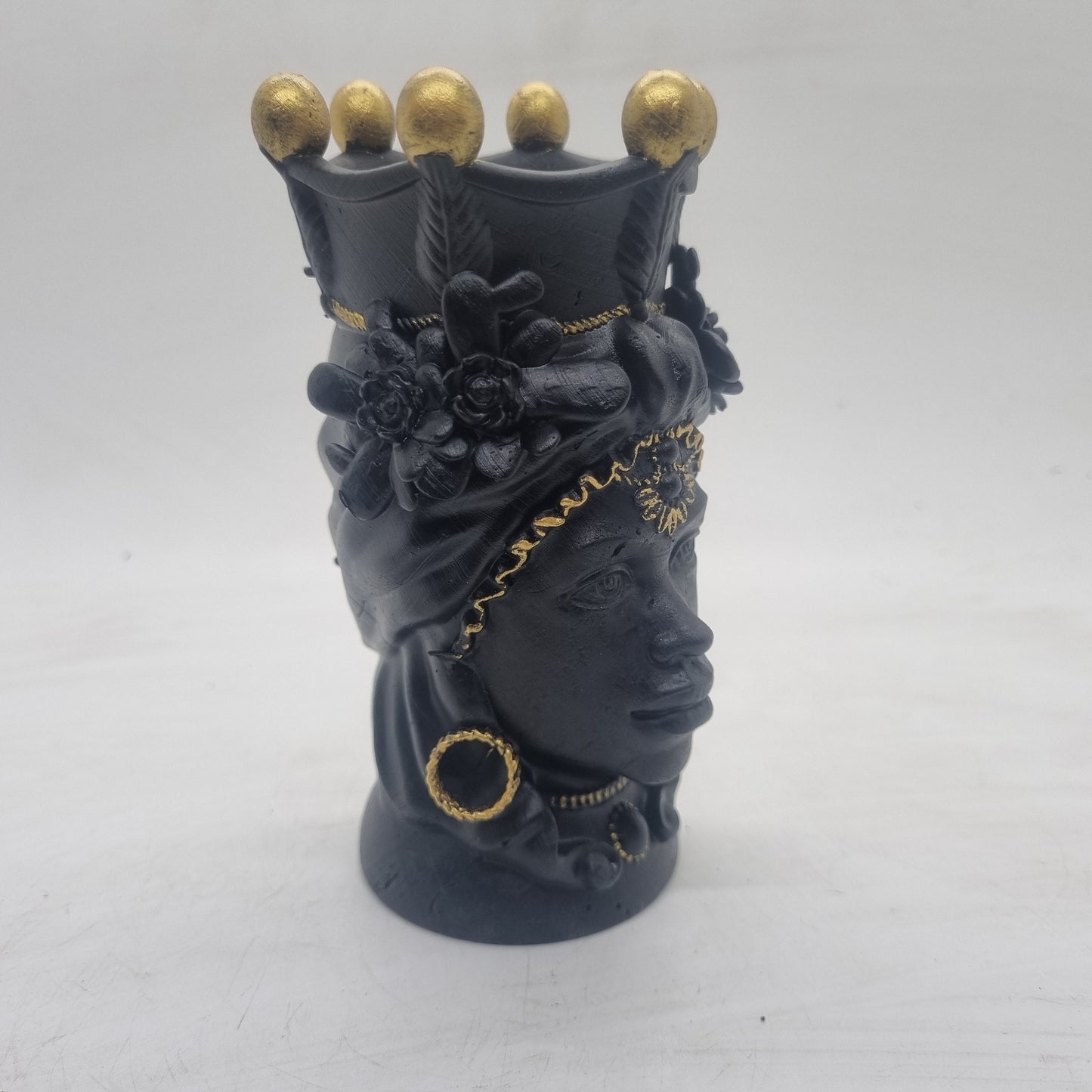 Black and gold Testa di Moro. Female Moorish head, African lady statue, womans head bust, 3d printed Sicillian sculpture, art and culture.