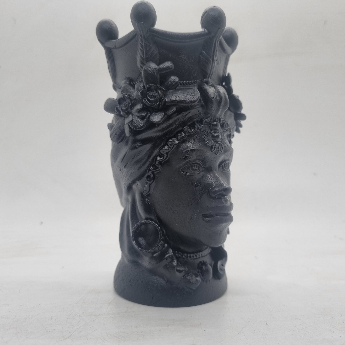 Black Moorish lady head. 3d printed Sicillian sculpture. Testa di Moro. African woman with headdress,  art and culture. Female head bust