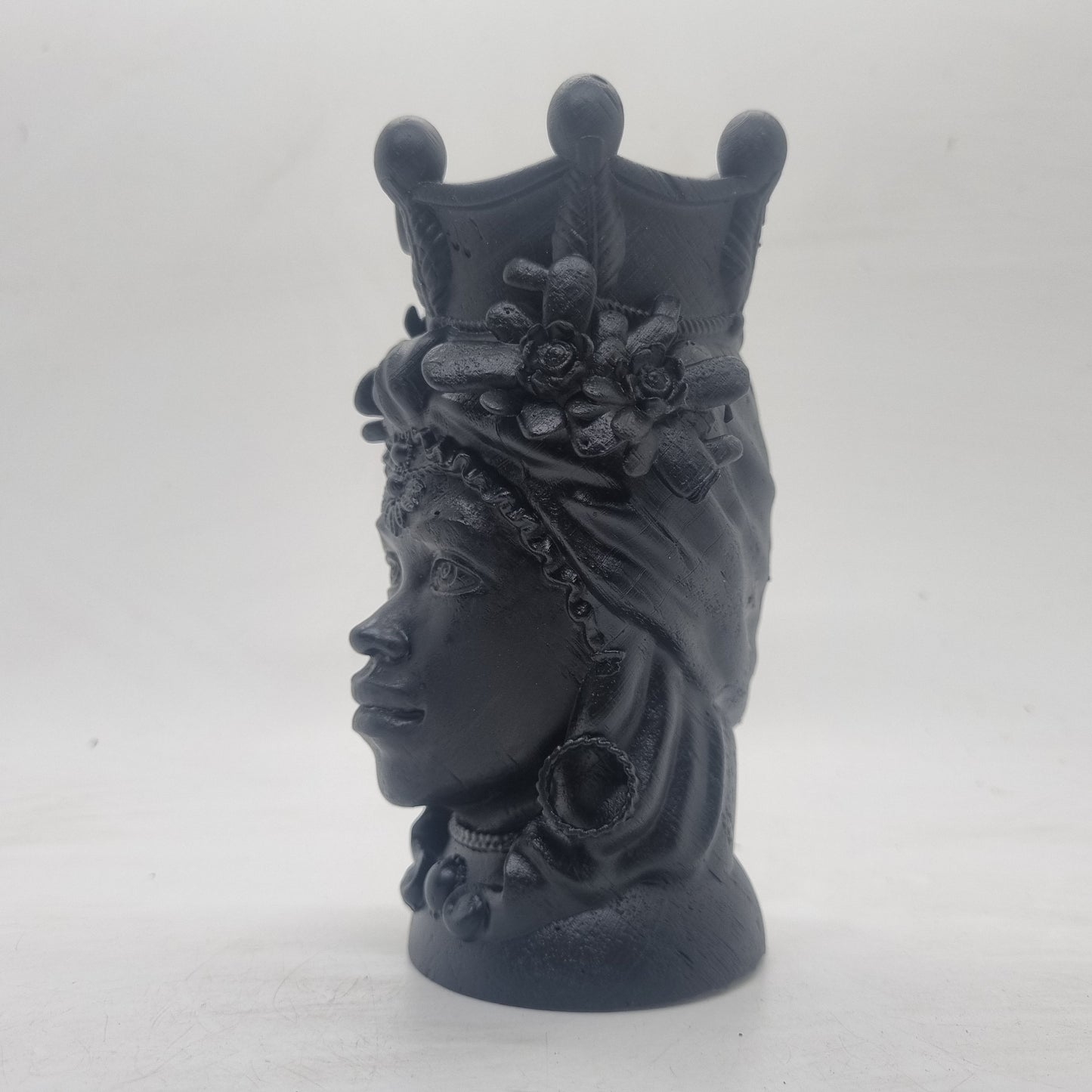 Black Moorish lady head. 3d printed Sicillian sculpture. Testa di Moro. African woman with headdress,  art and culture. Female head bust