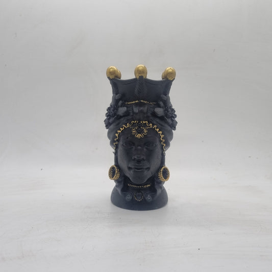 Black and gold Testa di Moro. Female Moorish head, African lady statue, womans head bust, 3d printed Sicillian sculpture, art and culture.