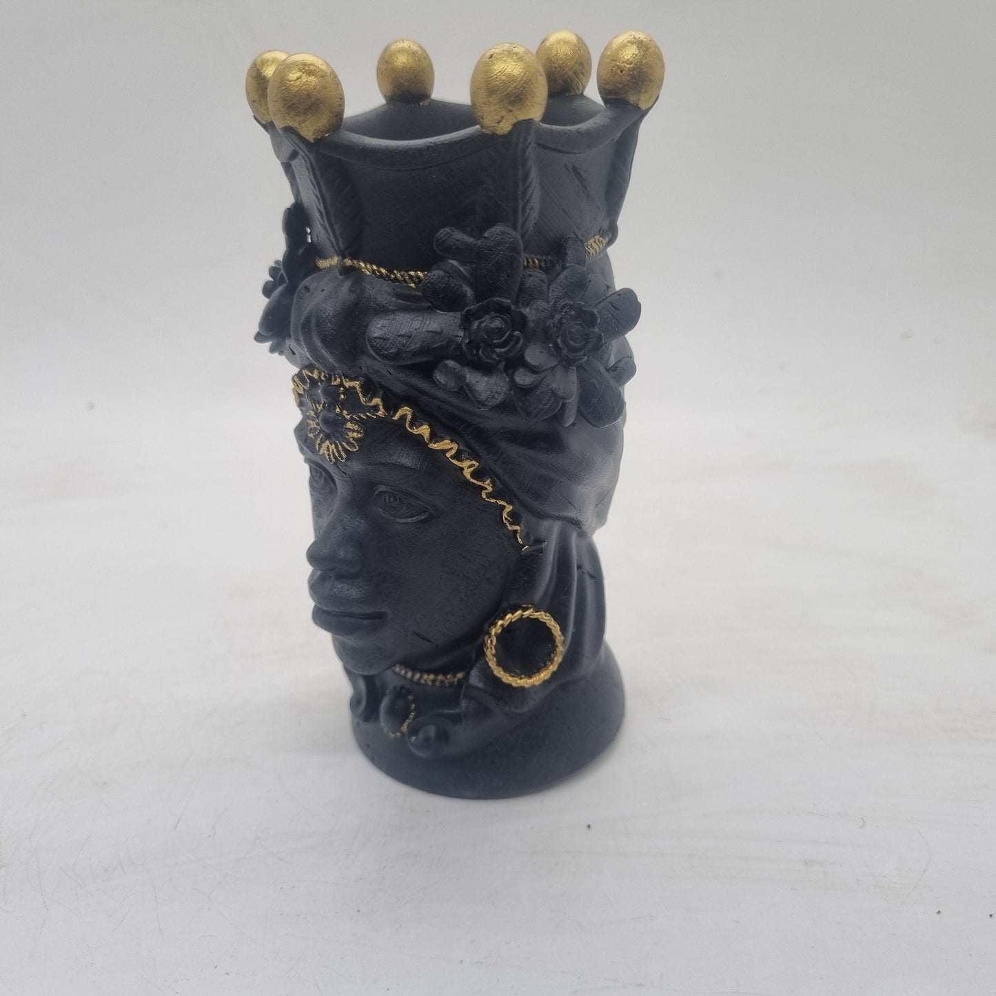 Black and gold Testa di Moro. Female Moorish head, African lady statue, womans head bust, 3d printed Sicillian sculpture, art and culture.