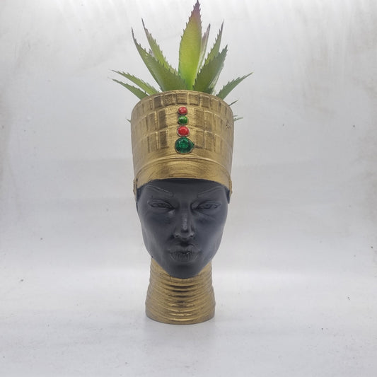 Gold and black Egyptian queen plant pot, Handpainted black woman bust, ethnic planter, afro headwrap, ,African queen statue. 3d printed gift