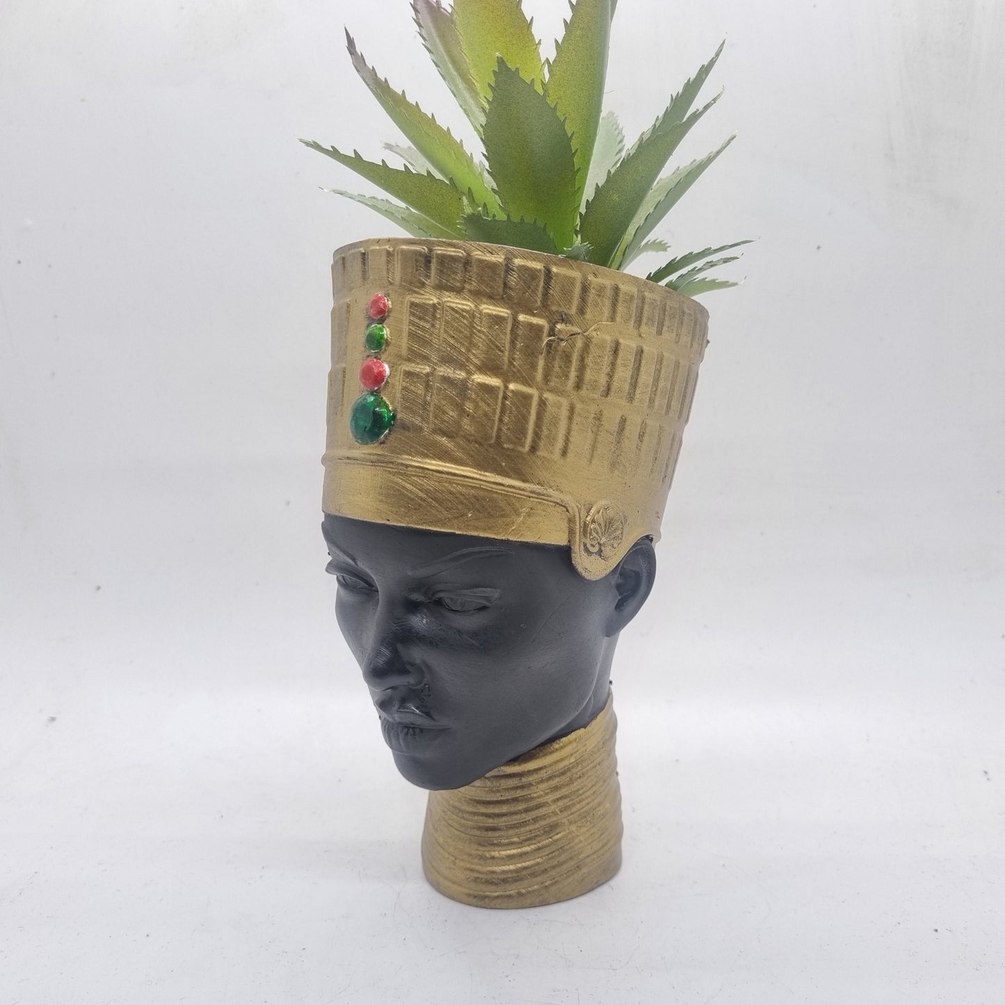 Gold and black Egyptian queen plant pot, Handpainted black woman bust, ethnic planter, afro headwrap, ,African queen statue. 3d printed gift