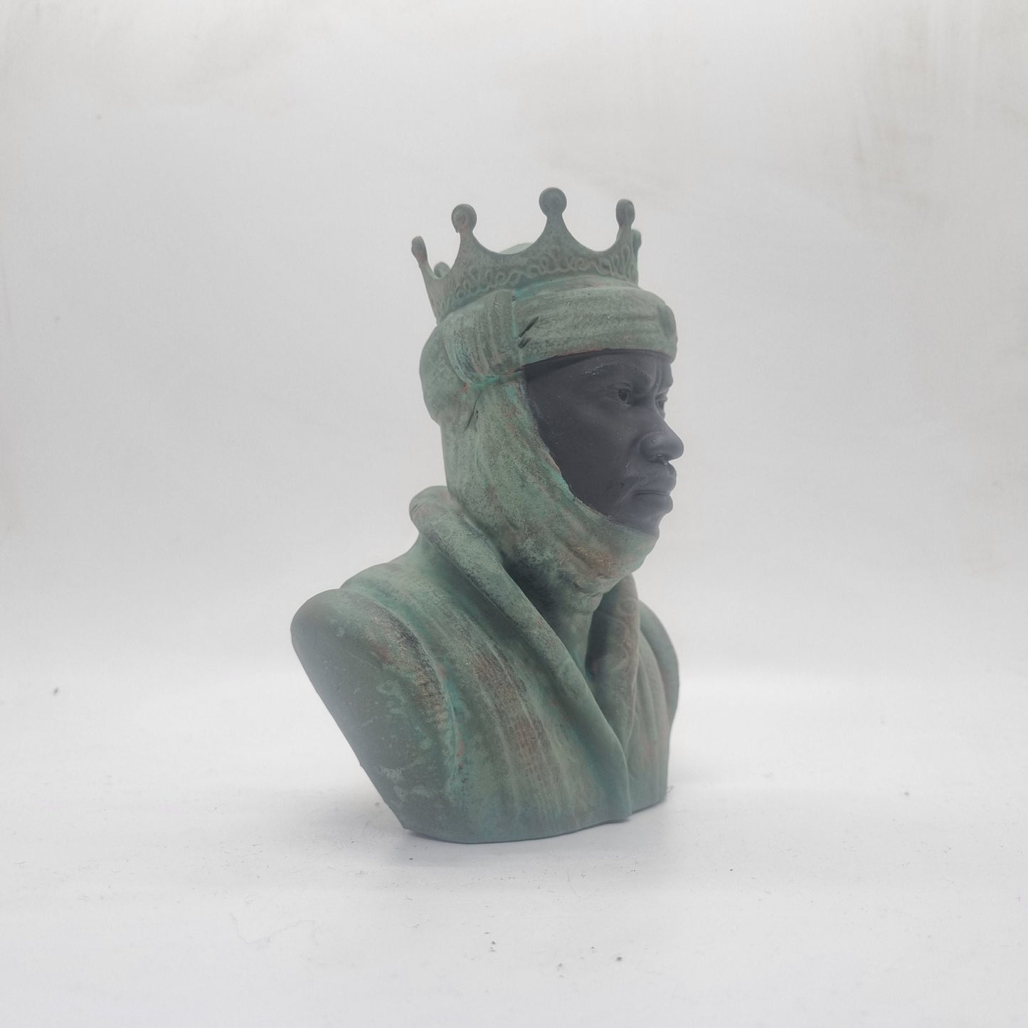 Weathered bronze Mansa Musa bust, 3d printed resin,African statue, African tribal sculpture, African King, black history gift, patina green.
