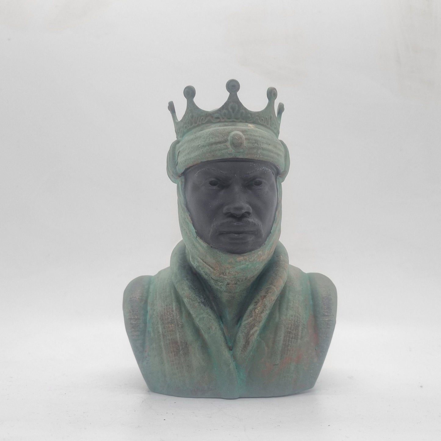 Weathered bronze Mansa Musa bust, 3d printed resin,African statue, African tribal sculpture, African King, black history gift, patina green.