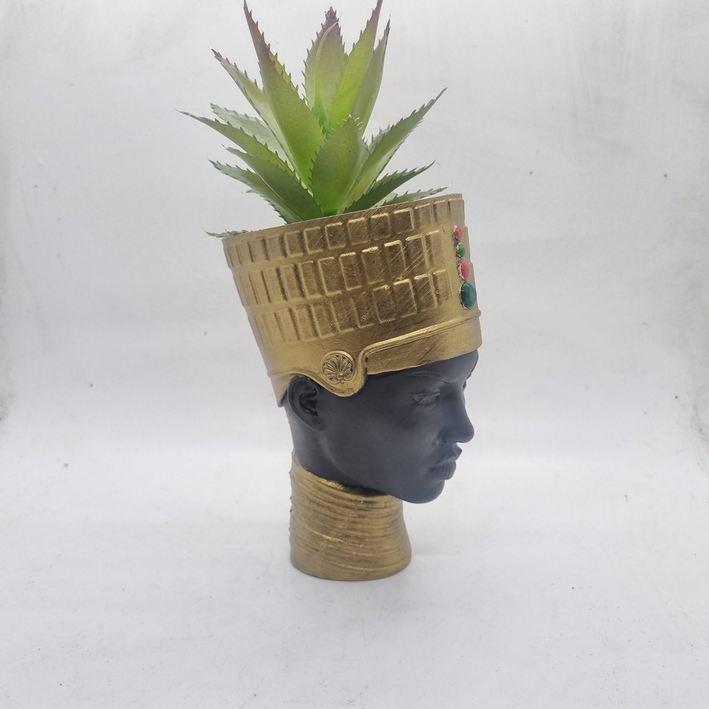 Gold and black Egyptian queen plant pot, Handpainted black woman bust, ethnic planter, afro headwrap, ,African queen statue. 3d printed gift