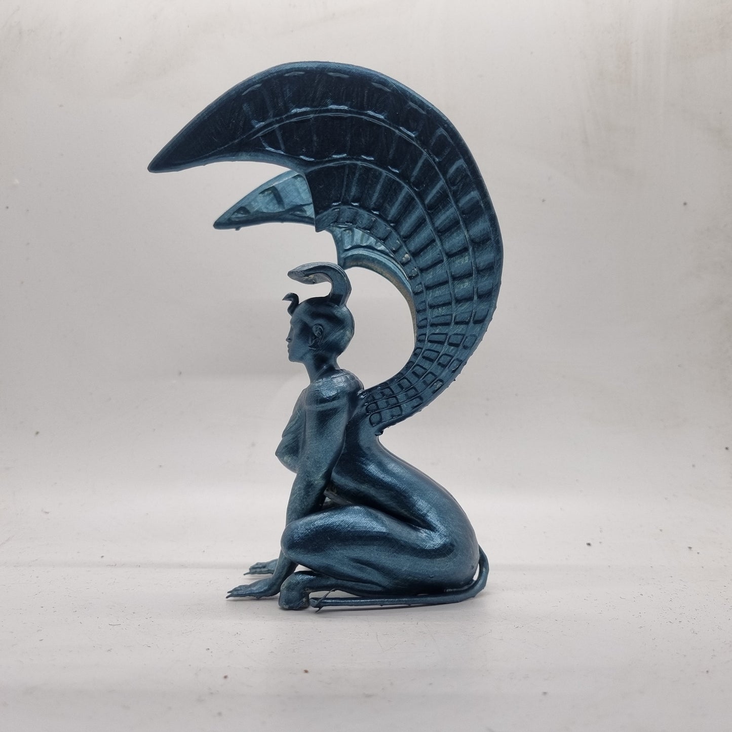 Metallic blue Southern Oracle Sphinxes, 3d printed gift, 80's movie memorabilia, resin sphinx figurine, fantasy film statuette, lion statue